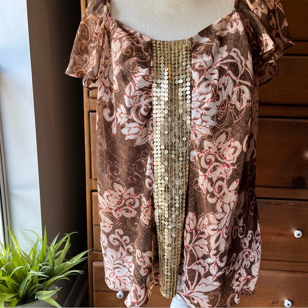 Lane Bryant 20 Blouse Layered Brown Floral